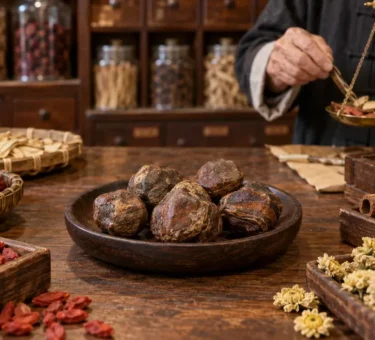 Porcupine dates (箭猪枣) among traditional Chinese medicine herbs in a Malaysian herbal shop