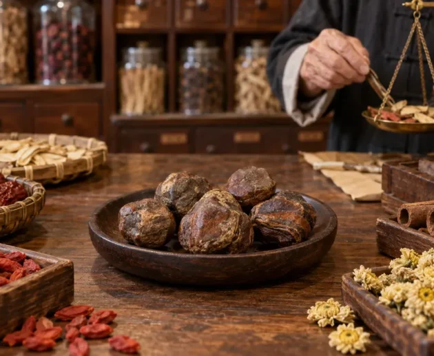 Porcupine dates (箭猪枣) among traditional Chinese medicine herbs in a Malaysian herbal shop