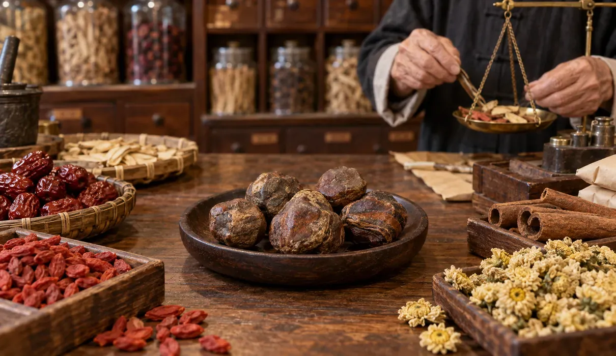Porcupine dates (箭猪枣) among traditional Chinese medicine herbs in a Malaysian herbal shop