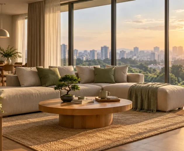 Calm modern condominium living room with a view of the Kuala Lumpur skyline