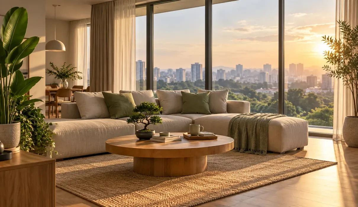 Calm modern condominium living room with a view of the Kuala Lumpur skyline