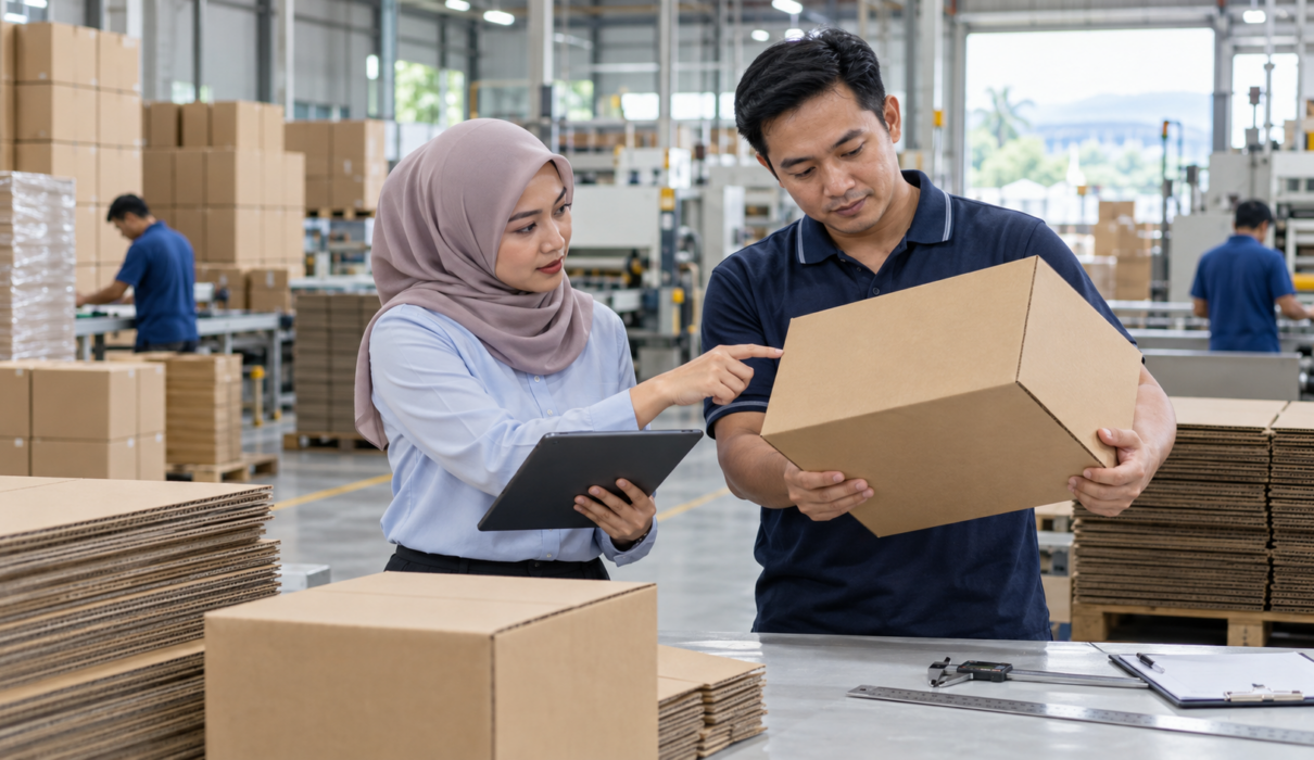 Packaging buyer and factory specialist inspecting a carton box in a Malaysian manufacturing facility