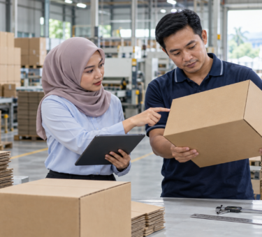 Packaging buyer and factory specialist inspecting a carton box in a Malaysian manufacturing facility