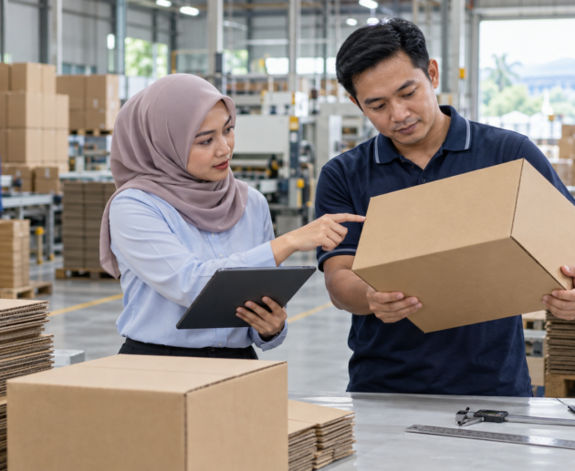 Packaging buyer and factory specialist inspecting a carton box in a Malaysian manufacturing facility