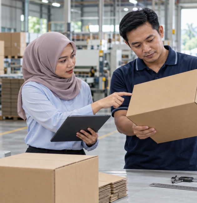 Packaging buyer and factory specialist inspecting a carton box in a Malaysian manufacturing facility