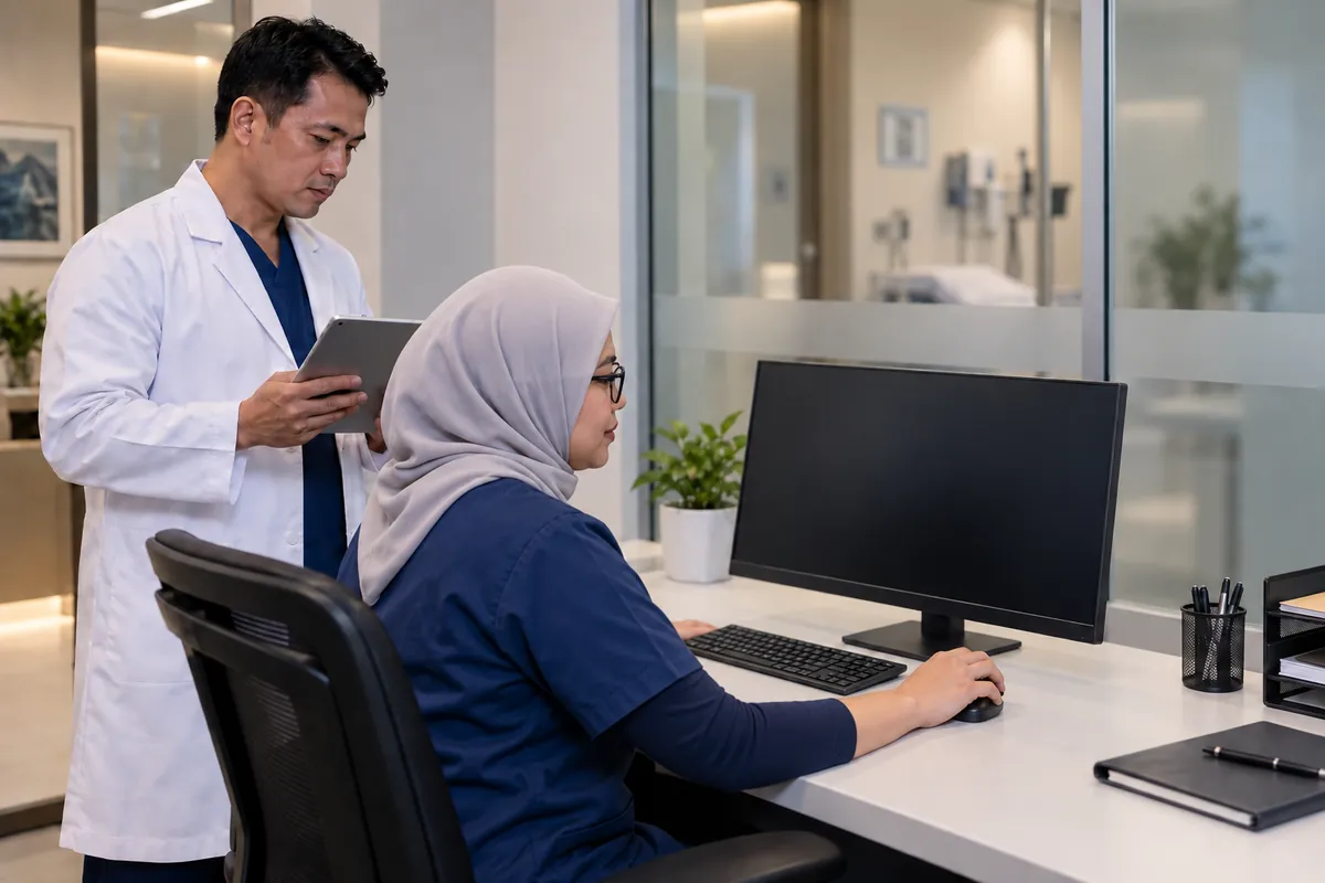 A doctor in a white coat and a nurse reviewing patient information together at a clinic workstation
